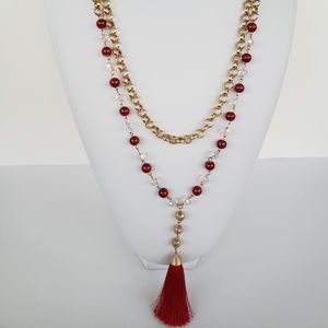 🌺Double chain necklace with red tassel pendant 🌺